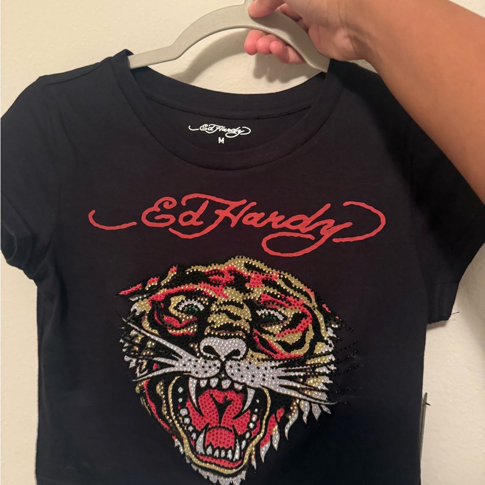 Ed Hardy Black and Red Crop Top with Tiger Graphic (never worn)